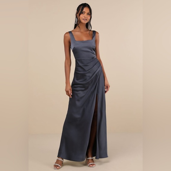 LULU’S Red Carpet Romance Dark Grey Satin Square Neck Maxi Dress - Picture 4 of 5